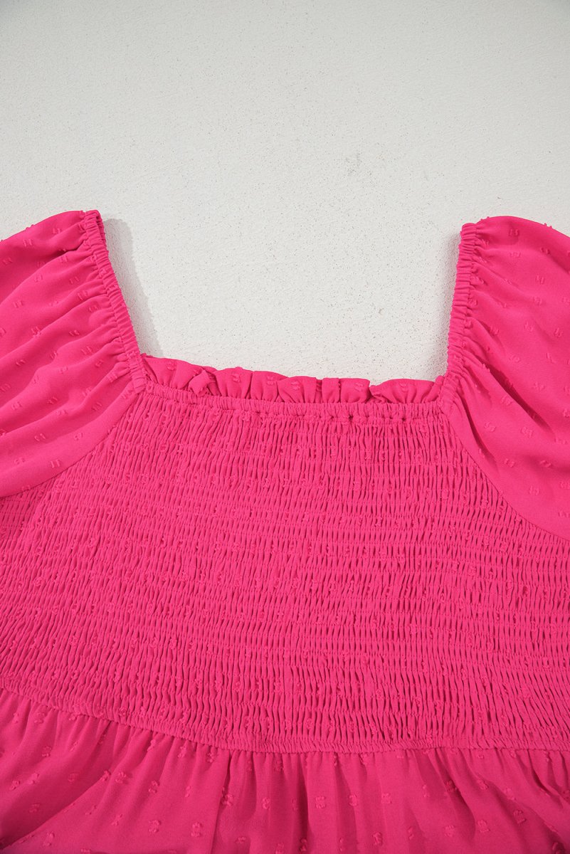Sachet Pink Swiss Dot Smocked Frilled Neckline Plus Size Dress - Love Salve